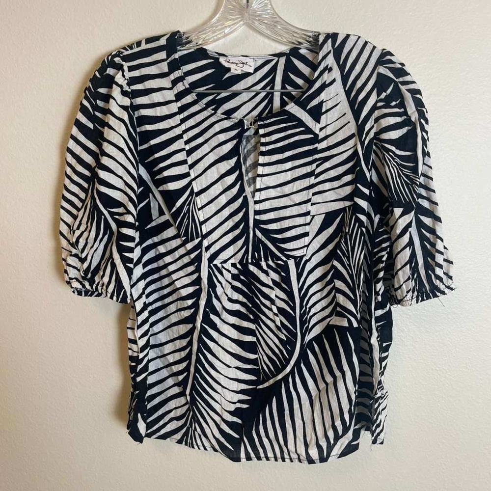 Panama Jack Womens XL Black White Linen Blend Tropical Palm Puff Sleeve‎ Blouse